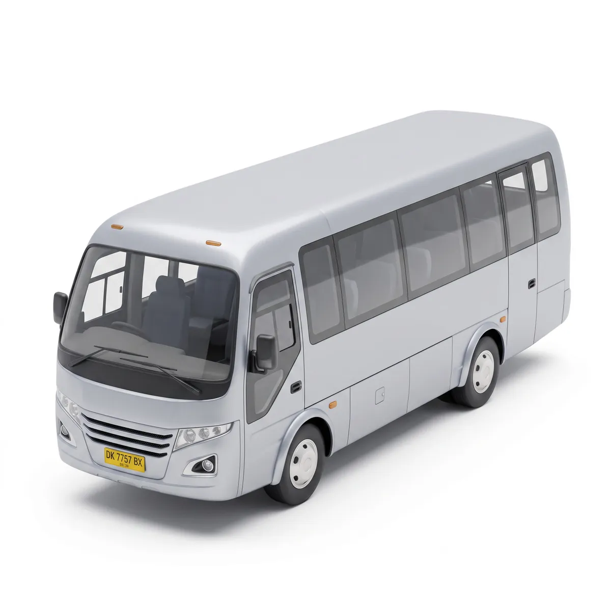 Silver Elf Coaster minibus three-quarter front view